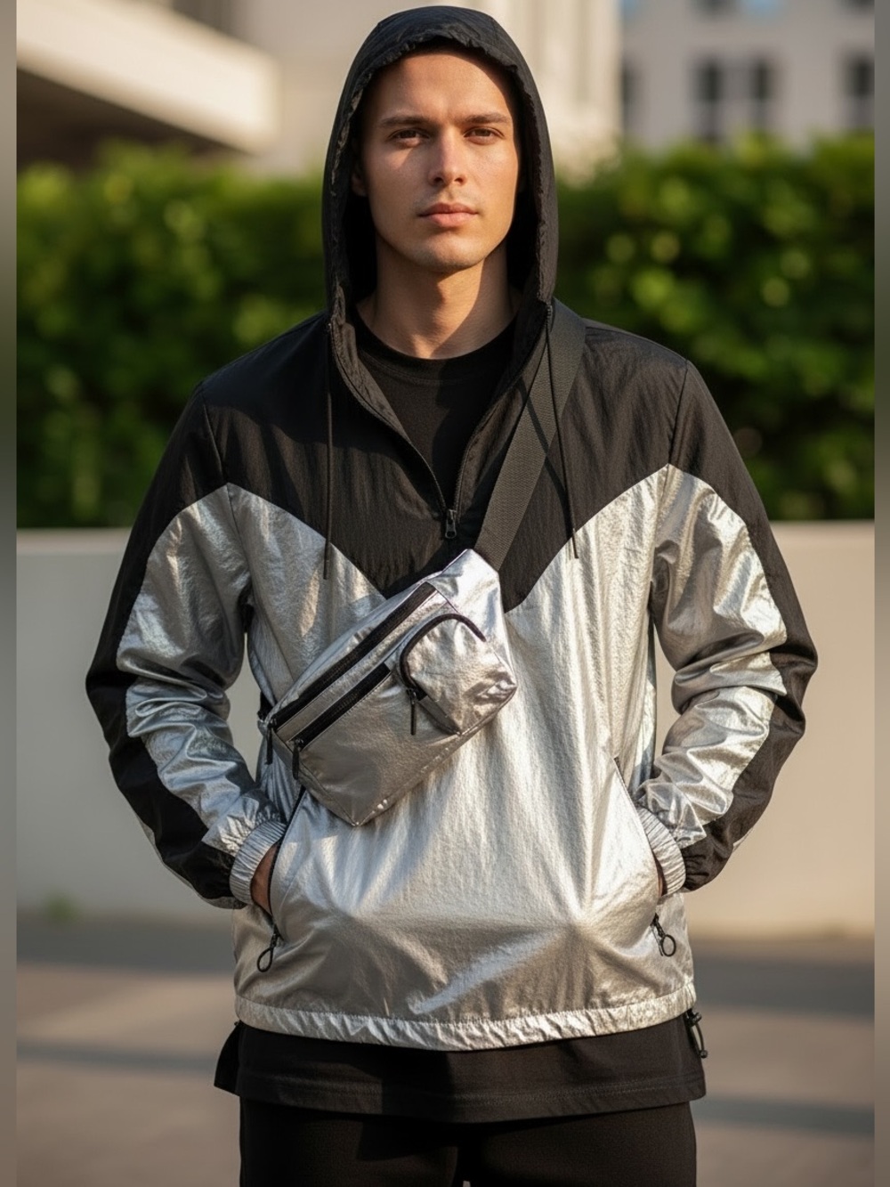 Zara Metallic Hooded Pullover Athletic Jacket with Belt Bag NWT